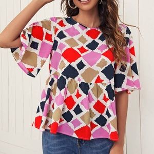 SHEIN Bell Sleeve Geo Peplum Top LARGE
